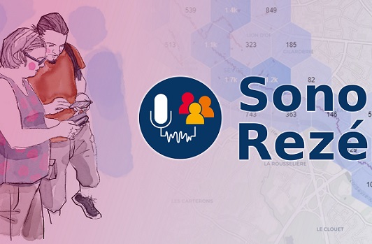Logo du projet SonoRezé : deux personnes regardant leur téléphones